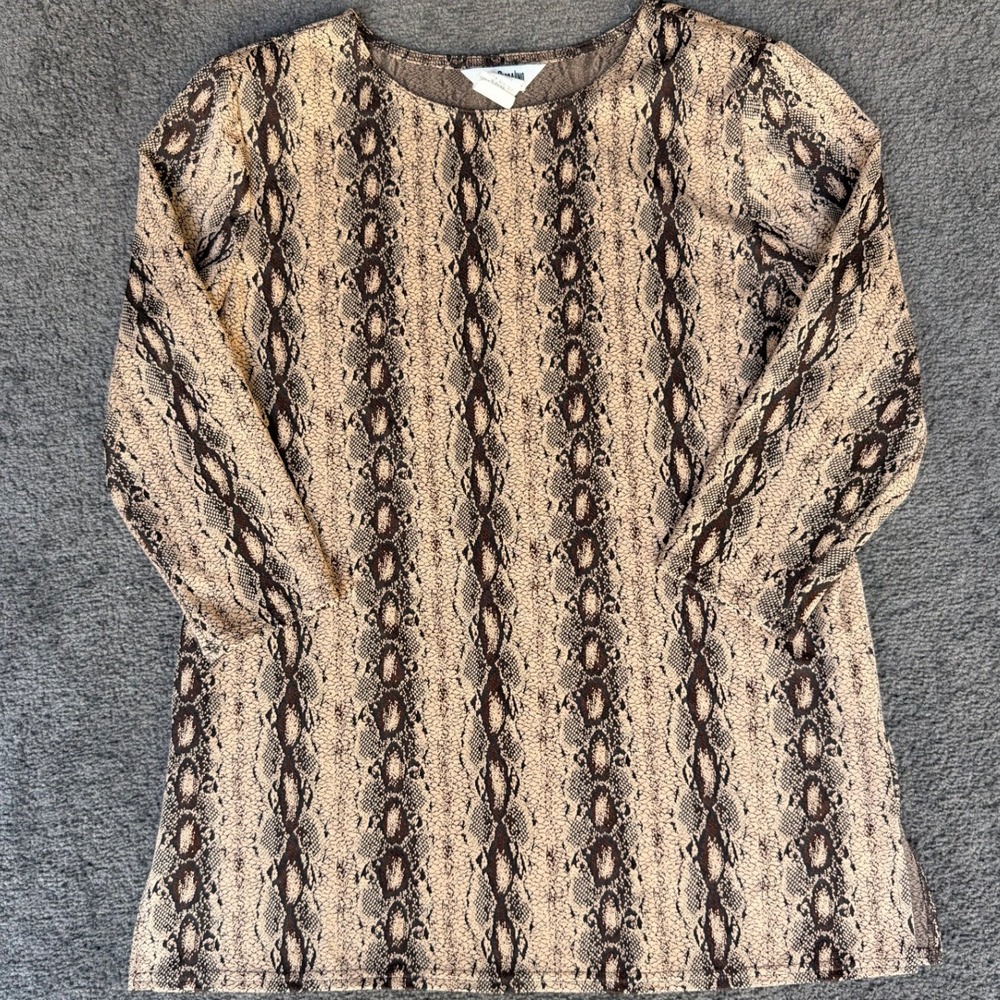 Nina Piccalino Vintage Snakeskin Print Blouse Brown Tan 3/4 Sleeve Size 14 USA